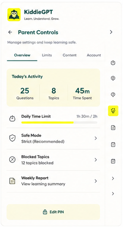 KiddieGPT parent controls dashboard