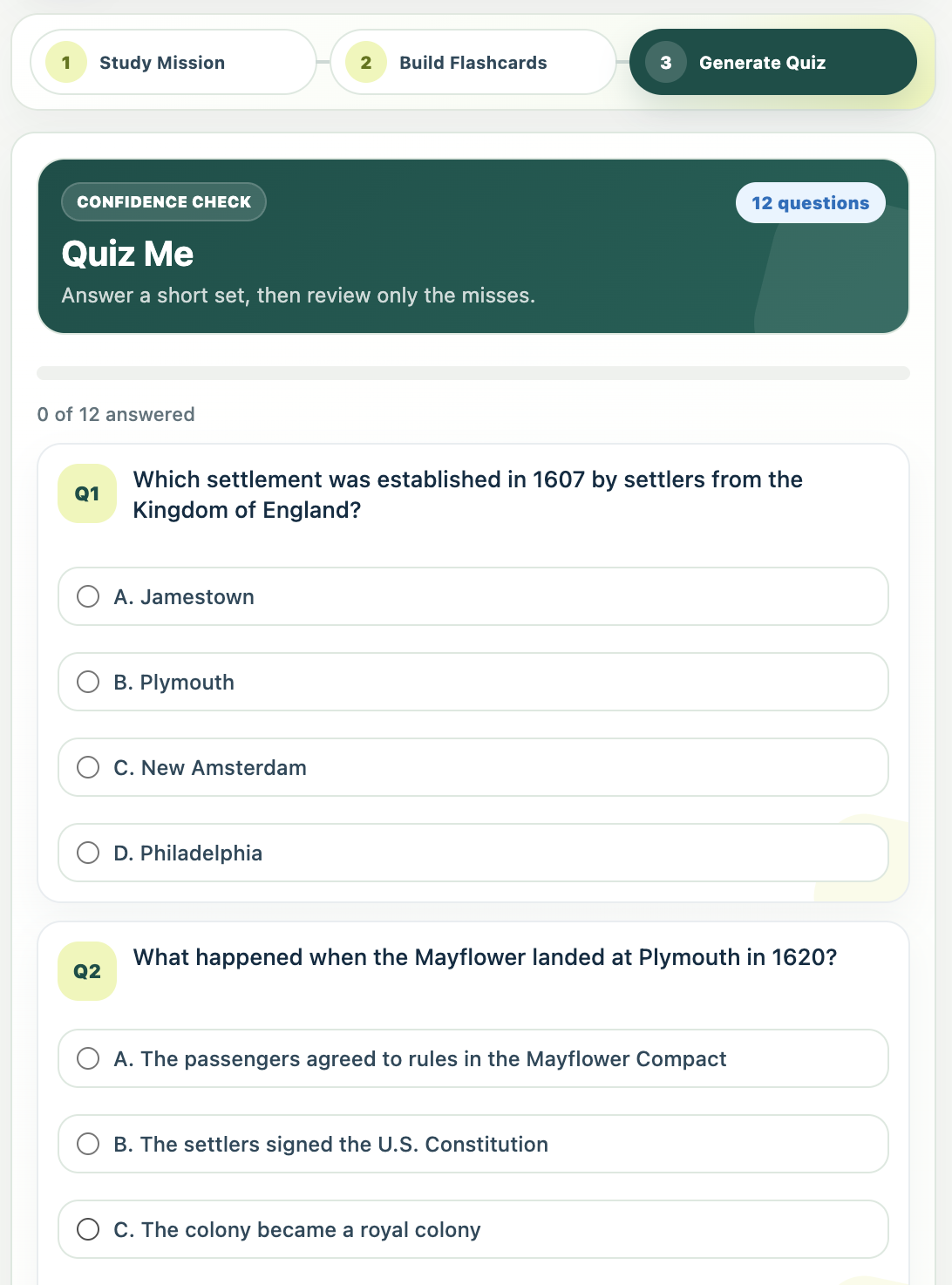 KiddieGPT confidence-check quiz generated from a Study Mission