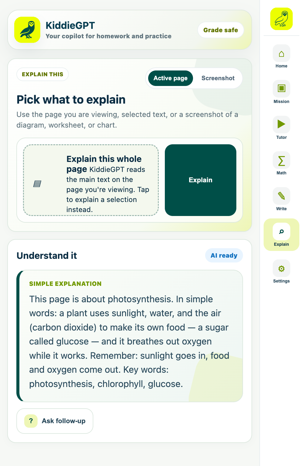 A photosynthesis explanation in KiddieGPT