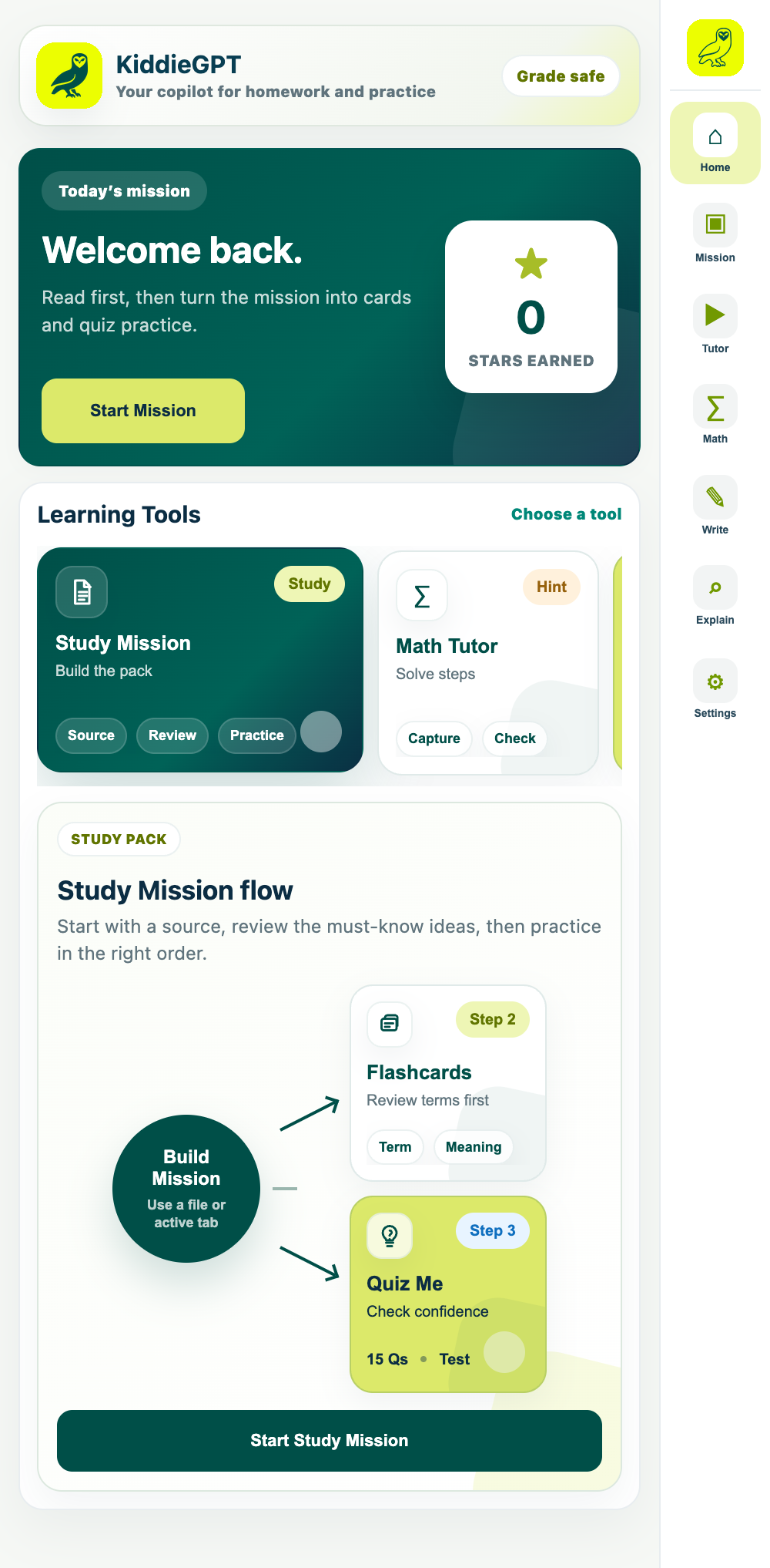 KiddieGPT home dashboard showing study missions and learning tools
