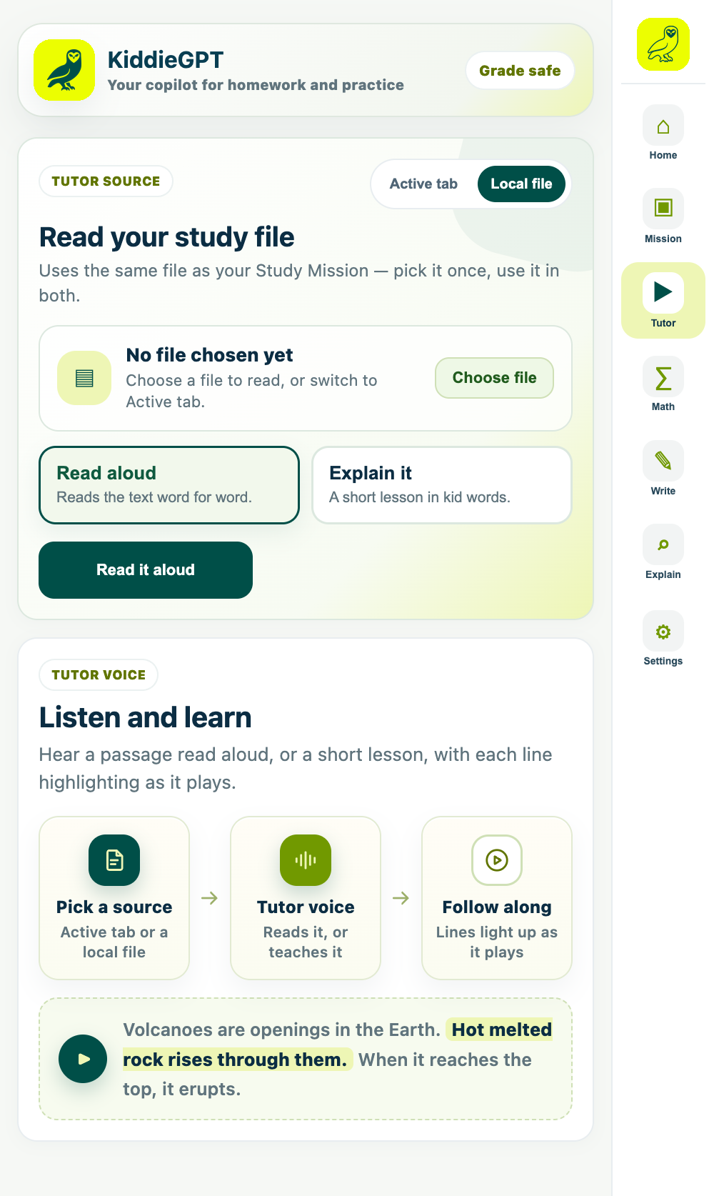 KiddieGPT tutor and read aloud view